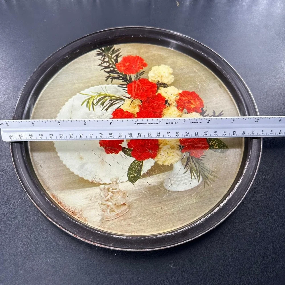 Vintage Round Metal Floral Serving Tray Red White Carnations Black Rim Retro 13